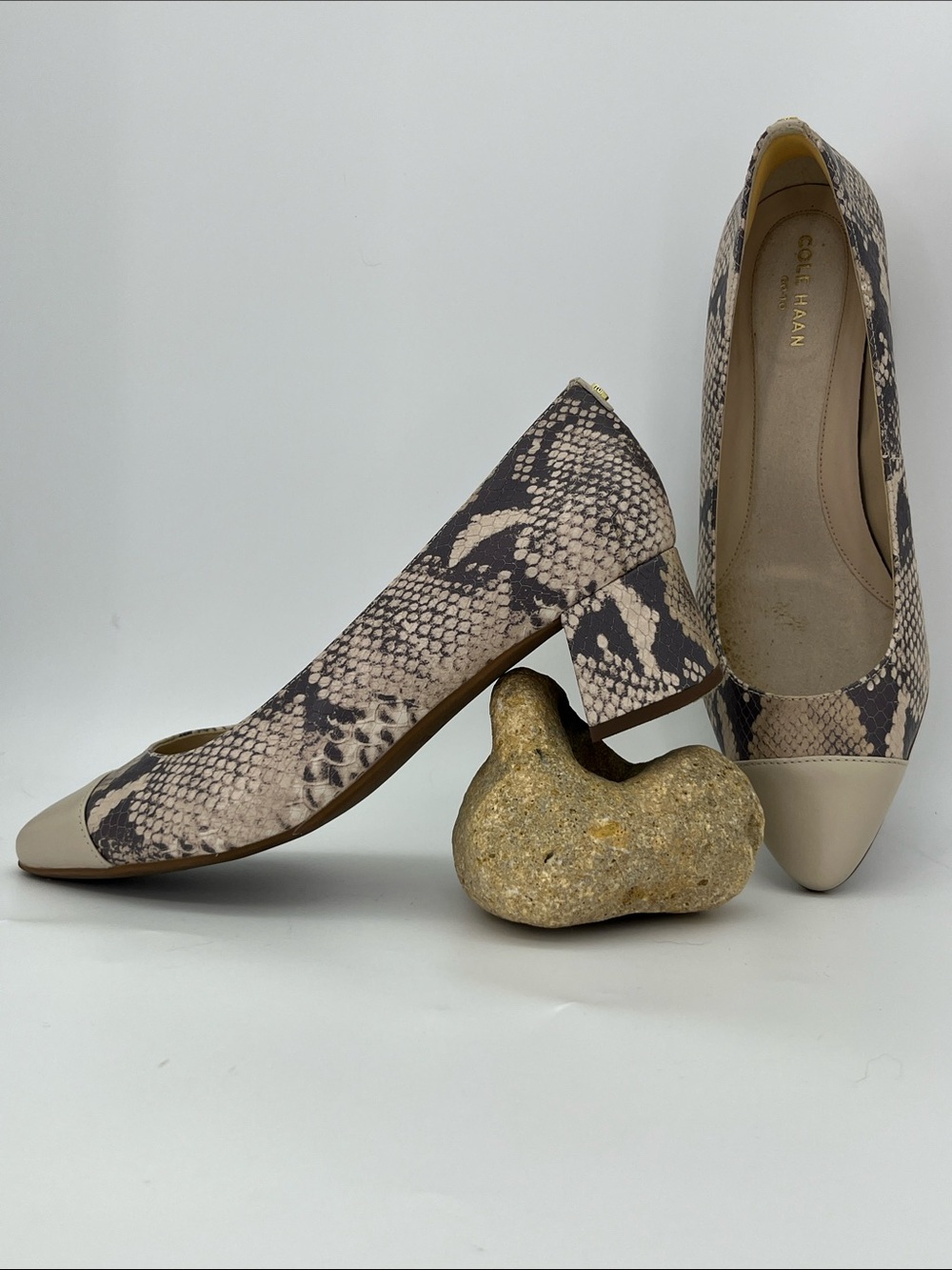 Cole Haan Beige Snake-Print Block Heel Pumps with Neutral Cap Toe